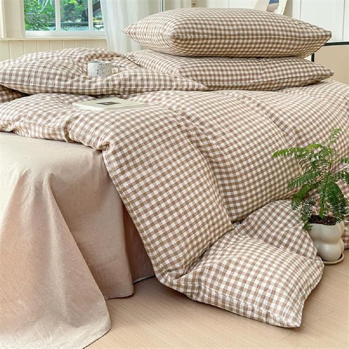 Nayoroom Brown Gingham Duvet Cover King Size Tan White Plaid Checkered Duvet Cover Grid Dorm Bedding Set 3 Pieces Soft Lightweight Washed Microfiber Farmhouse Bedding with Pillowcases