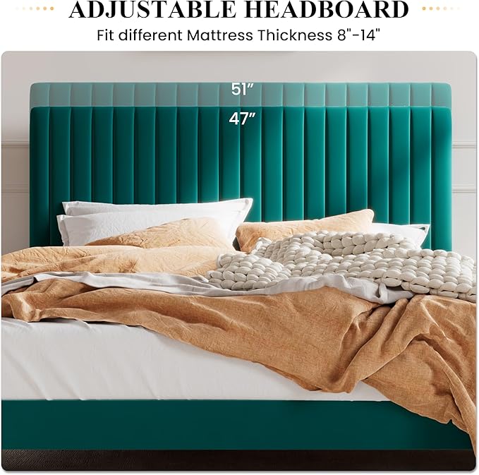 SHA CERLIN Queen Upholstered Platform Bed Frame with Vertical Channel Tufted Velvet Fabric Adjustable Headboard, Wooden Slats Support, Mattress Foundation, Box Spring Optional, Teal