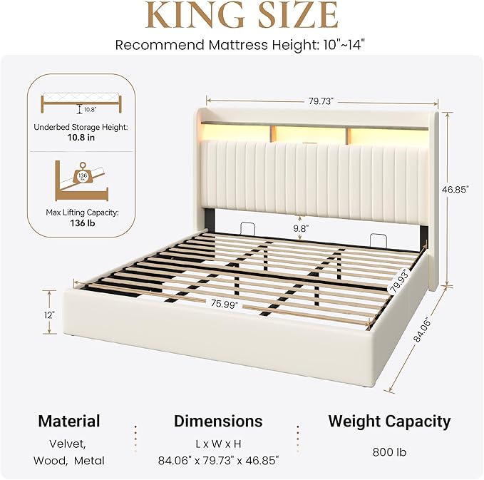 SHA CERLIN King Size Lift Up Storage Bed Frame/LED Lights/Charging Station/2-Tier Shelves Headboard/USB,Type-C Ports/Velvet Upholstered/Hydraulic Support/No Box Spring Needed/Noise Free/Cream