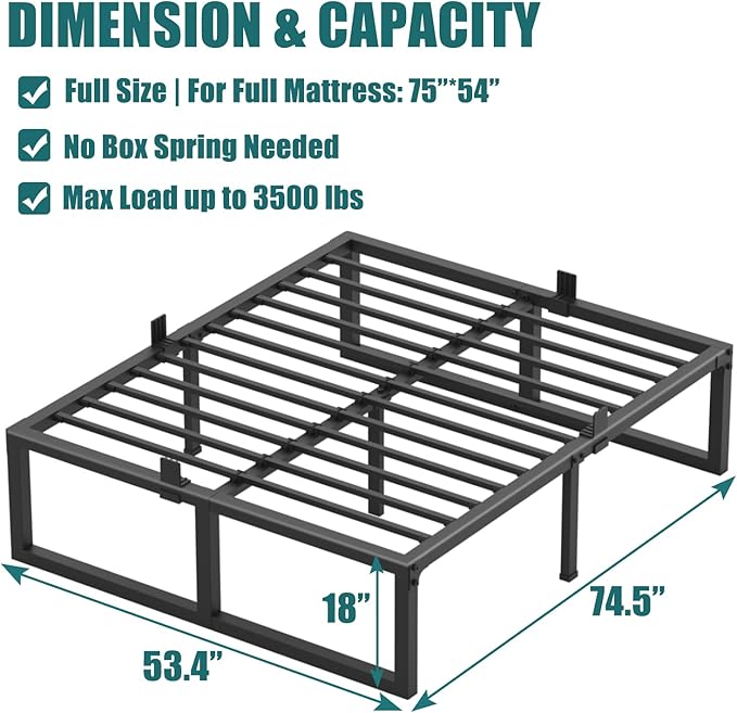 Yitong Angel Full Size Bed Frame, 18 Inch Heavy Duty Support 3500 lbs Metal Platform, No Box Spring Needed/Noise Free/Non-Slip/Steel Slat Support/Easy Assembly