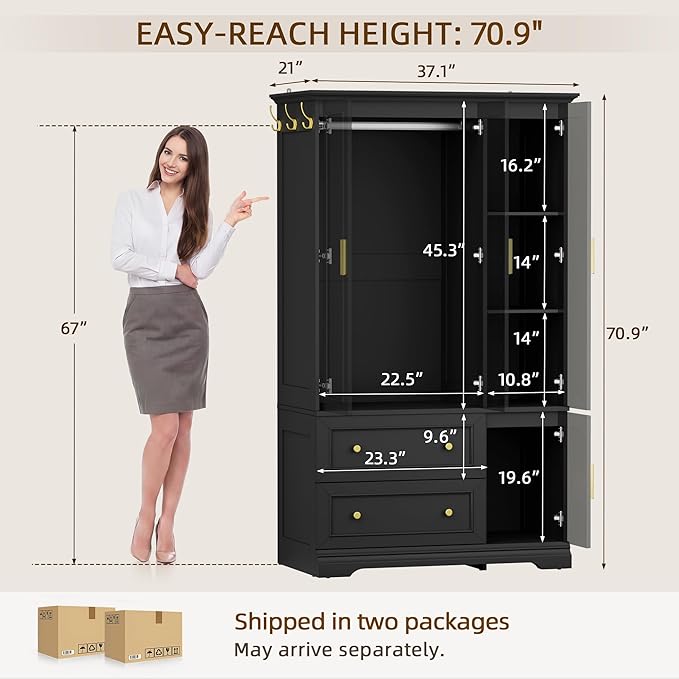YESHOMY Armoire Wardrobe Closet with Drawers, 70.9" H x 21.1" D Wooden Closet with Hanging Rod, Fixed Shelves & Bottom Cabinet, Soft-Close Doors, Ball-Bearing Slides (Black)