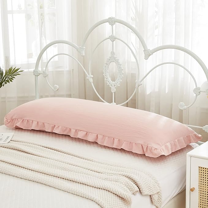 Pink Body Pillow Cover 20x54inches Long Pillowcase Ruffled Pillowcases Shabby Chic Ruffled Fringe Decor Body Ruffled Pillow Sham Cute Pillowcase (1 Body, Pink)