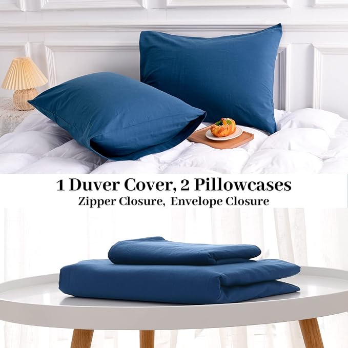 NEXHOME PRO Duvet Cover Set 100% Washed Cotton California Kingn 104"x98", Organic Natural Linen Look Textured 3 Pieces Bedding Set Royal Navy Klein Blue with Zipper Closure, Soft(No Comforter)