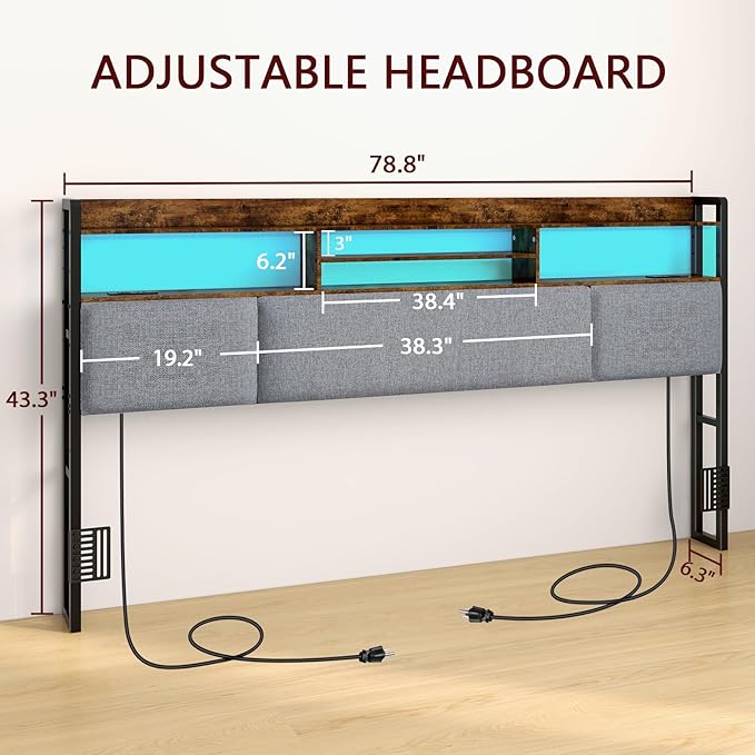 Livofloral King Size Upholstered Headboard with 2 Outlets and LED Lights, King Bed Headboard with Charging Station & Storage Shelves, King Headboard Only, Height Adjustable, Easy Assembly, Brown