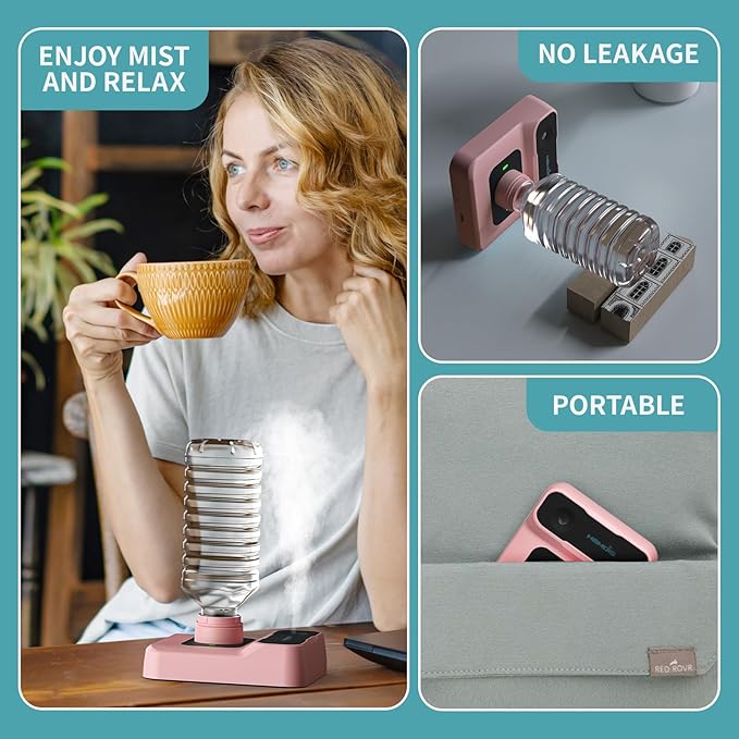 Travel Humidifier, Portable Small Humidifier for Plants, Bedroom, Office, Hotel or Car, 5000mAh Battery Operated Mini Cool Mist Humidifiers, Quiet 23dB, Auto-off, Night Light and BPA-Free, Pink