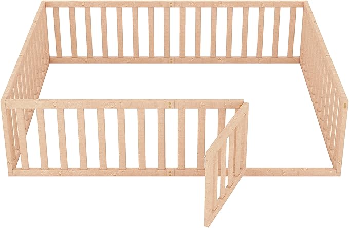Bellemave Queen Size Montessori Floor Bed with 21.7" High Rails, Pine,Plywood Floor Bed with Small Door, Natural