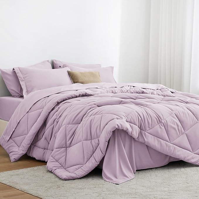 Love's cabin Queen Comforter Set Light Purple, 7 Pieces Queen Bed in a Bag, All Season Bedding Sets with 1 Comforter, 1 Flat Sheet, 1 Fitted Sheet, 2 Pillowcase and 2 Pillow Sham | Soft, Breathable, Lightweight, Comfortable