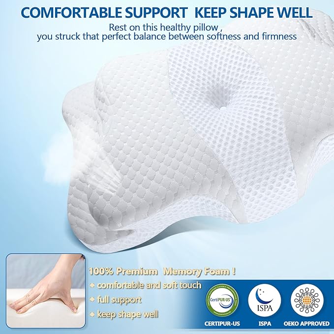 CHxxy Memory Foam Pillows, Cervical Pillow for Neck and Shoulder Pain Relief, Ergonomic Contour Bed Pillow, Soft for Side Sleep Stomach Sleeping and Back Sleeper-Queen Size&White