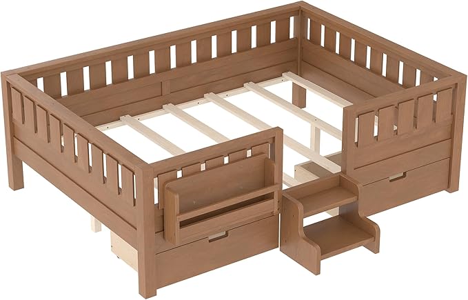 Bellemave Full Size Bed Frame with Storage Drawers & Bookshelf, Low Profile Kids Bed with Staircase & Full Length Guardrails, Solid Wood Full Size Bed Frame Kids with Slats Load 450 LBS, Oak Brown