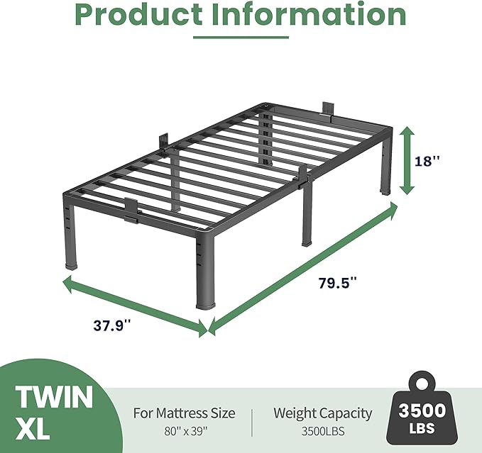 NKZ 18 Inch Metal Platform Bed Frame, Twin XL Size Bed Frame with Round Corner Legs, 3,500 lbs Heavy Duty Steel Slats Support, No Box Spring Needed, Easy Assembly, Noise Free