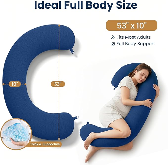 TranquilRelax C Shaped Body Pillow for Side Sleepers, Memory Foam Long Pillow for Leg, Hip & Back Support, Soft Washable Cover,Navy Blue-53"*10"