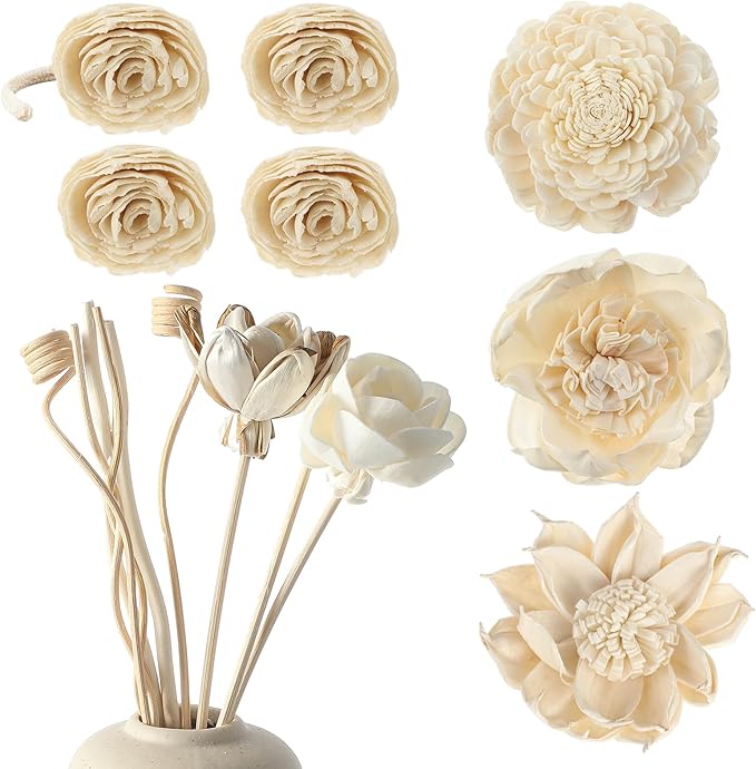 Waydress 15 Pcs Diffuser Mixed Sola Flowers Natural Material Aromatherapy Reed Wood Flowers Decorative Aromatherapy Flower Placement Refill Wood Flower Diffuser with Rope (1.57-3.15 Inches,Classis)