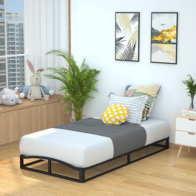 Amazon Basics Durable Metal Platform Bed Frame with Wood Slat Support, 6 Inches High, Twin, Black