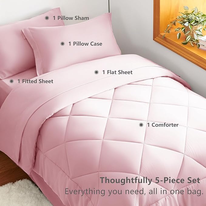 CozyLux Twin XL Comforter Set Pink - 5 Pieces Twin Extra Long Bed in a Bag for College Dorm, All Season Bedding Set for Girls and Boys, Soft Bed Set with Comforter, Sheets, Pillowcase & Sham