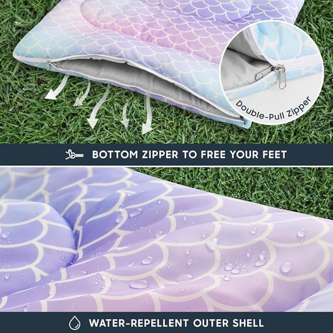 Wake In Cloud - Kids Sleeping Bag for Girls Toddlers, Camping in Warm Cold Weather, Backpacking Lightweight Compact Outdoor Liner for 3 Seasons Summer Spring Fall, Mermaid Purple Blue