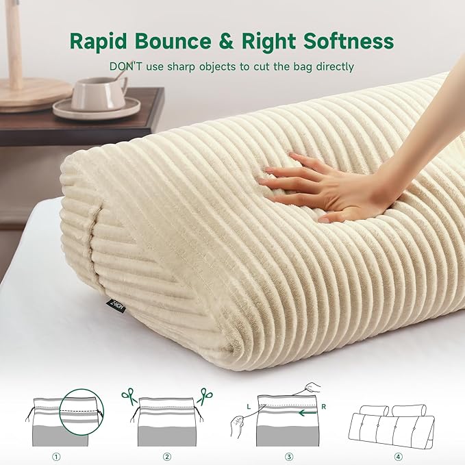 Z-hom Large Wedge Pillow Headboard, Queen Triangular Headboard Pillow, Reading Pillow Bed with a Roll Pillow for Bed Sitting Up Sleeping, Backrest Cushion Headboard Gap Pillow for Back, Beige Cream