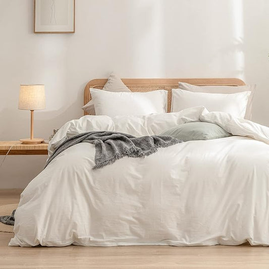 BESTOUCH Duvet Cover Set 100% Washed Cotton Linen Feel Super Soft Comfortable Chic Lightweight 3 PCs Home Bedding Set Solid Off White Oversized Queen