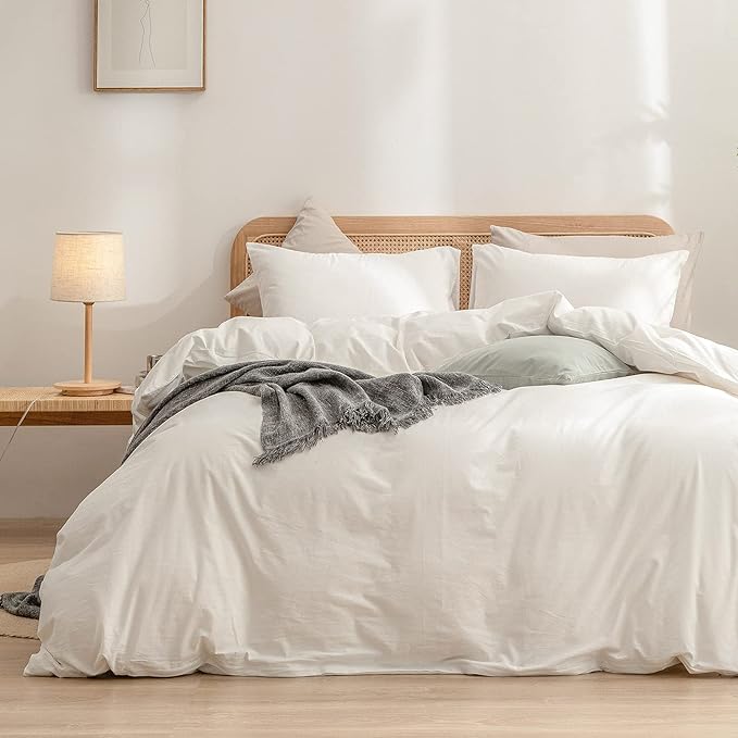 BESTOUCH Duvet Cover Set 100% Washed Cotton Linen Feel Super Soft Comfortable Chic Lightweight 3 PCs Home Bedding Set Solid Off White Super King Plus