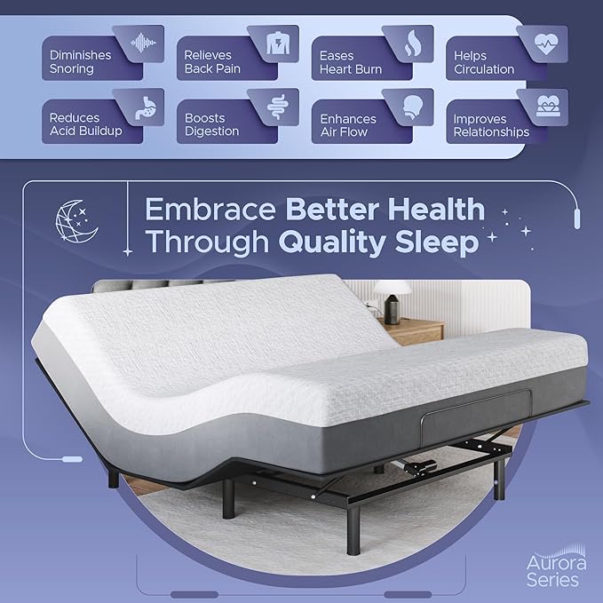 Celestial Sleep Aurora Adjustable Bed Base (Frame) + 10 inch Gel Memory Foam Mattress (Medium), Easy Assembly, Head and Foot Lift, Zero Gravity, Memory Positions, CertiPUR-US Bed - King