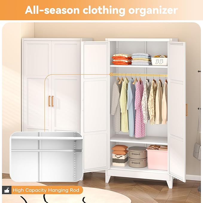 INTERGREAT 71” H Metal Wardrobe Cabinets with 2 Doors, Large Clothing Storage Cabinets with Hanging Rod and Adjustable Shelves, Closet for Home Living/Laundry Room/Department (White)