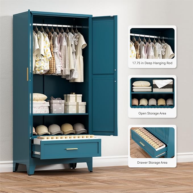 COFaR Metal Wardrobe Closet with Doors, 71'' Tall Farmhouse Bedroom Armoires with Drawer and Hanging Rod, Freestanding Steel Wardrobe Cabinet Coat Closet for Bedroom, Peacock Blue