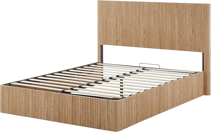 Bellemave Queen Lift Up Storage Bed, Oak Wood Lift Up Bedframe,Wooden Corrugated Curved Lines, Hydraulic Storage,Oak