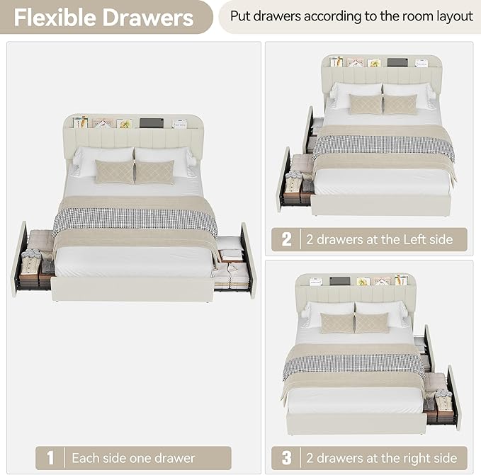 Garvee Full Size Bed Frame with 2 Flexible Drawers, Boucle Upholstered Platform Bed Frame with Bookcase Headboard, Bedframe for Kids/Girls, Easy Assembly, No Box Spring Needed, Noise Free, Beige