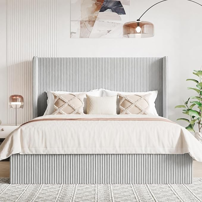 Allewie Queen Size Lift-Up Storage Bed Frame with Modern Wingback Headboard, Corduroy Upholstered Platform Bed, Hydraulic Gas Lift Support, Underbed Storage, Wooden Slats, No Box Spring Needed, Grey