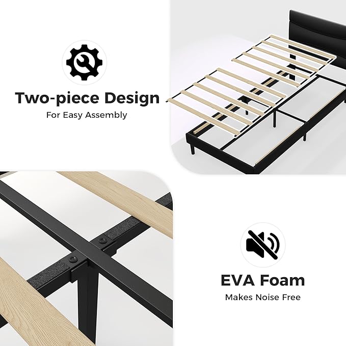GarveeHome Twin XL Modern Upholstered Bed Frame with Soft Padded Headboard,Sturdy Metal Steel Slat Support, Noise-Free Quiet Design,Easy Assembly,Heavy Duty Stable Bed Frame(Black)