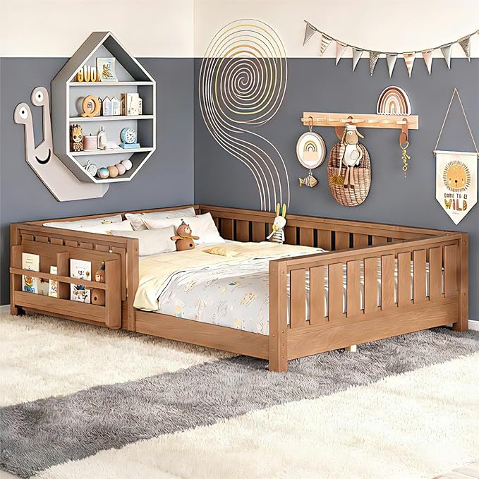 Bellemave Queen Floor Bed Frame with Fence & Bookshelf, Solid Pinewood Montessori Floor Bed Frame Queen with Slats Load 550LBS, Low Floor Bed for Kids, Bedroom, Nursery, Easy Assembly, Oak Brown