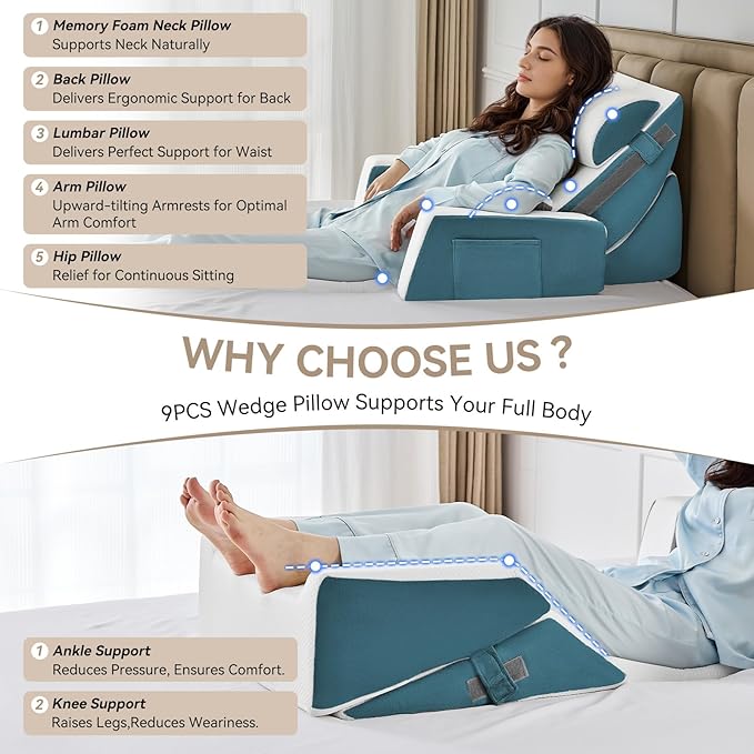 Yojoker 9PCS Orthopedic Bed Wedge Pillow Set for Sleeping, Back and Leg Pain Relief, Post Surgery Foam Pillow for Body, Triangle Adjustable Support Pillow - Acid Reflux Sleeping Pillows Navy