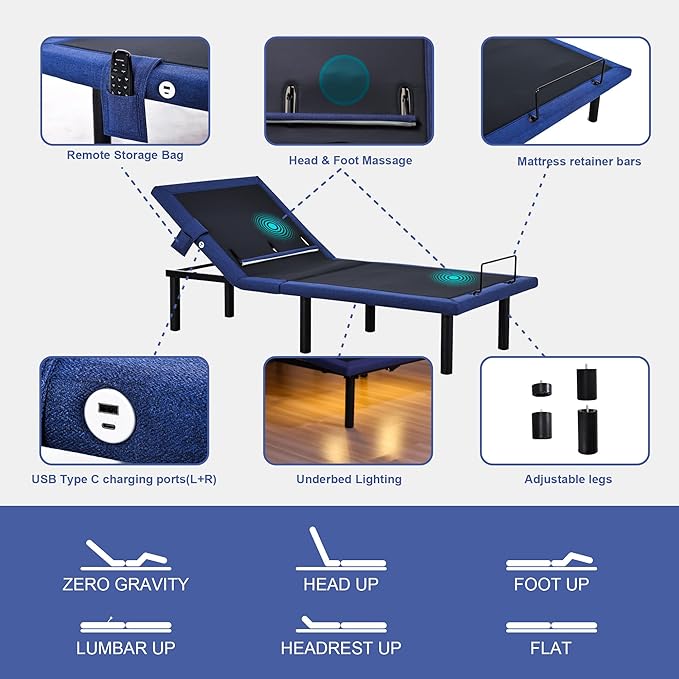 Fromann Adjustable Twin XL Bed Base Frame with Head and Foot Lift, Lumbar Support, Massage, Under-Bed Lights,Left Right USB+C, Memory Positions, Zero Gravity