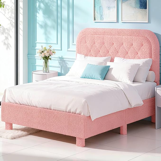 VINGLI Cloud Queen Bed Frame with Boucle Headboard,Cozy Soft Platform Bed with Wooden Slats, Cute Fabric Headboard, Cream Modern Style,Noise Free,Rounded Corners,Pink