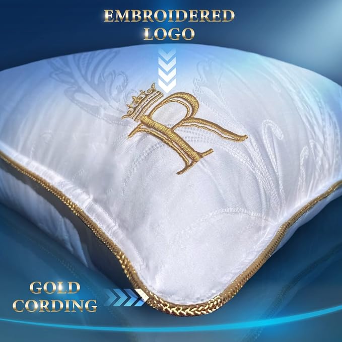 Royal Therapy Pillows Queen Size Set of 2 - Pillows, Side Sleeper Pillow - Adjustable Alternative Down Pillow, Bed Pillows, Sophisticated Design & Gold Piping