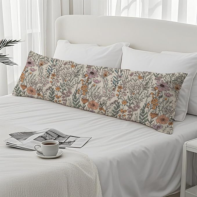 Vintage Boho Floral 20x54 Body Pillow Cover, Cottagecore Room Decor, Retro Rustic Cottagecore Flowers Aesthetic Decorative Long Body Pillow Cases for Bed Couch