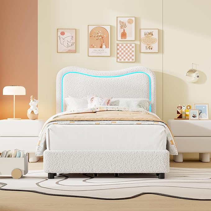 GarveeHome Upholstered LED Twin Bed Frames for Kids with 2 Drawers and Headboard, Cute Twin Bed with Storage for Girls, Boys, Sturdy Platform Bed, No Box Spring Needed, Wooden Slats, Noise, White