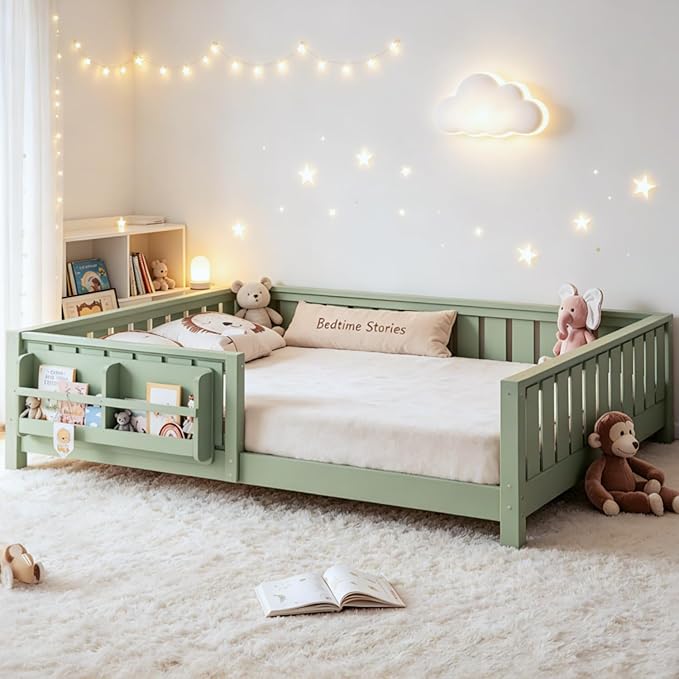 Bellemave Queen Floor Bed Frame with Fence & Bookshelf, Solid Pinewood Montessori Floor Bed Frame Queen with Slats Load 550LBS, Low Floor Bed for Bedroom, Nursery, Easy Assembly, Green