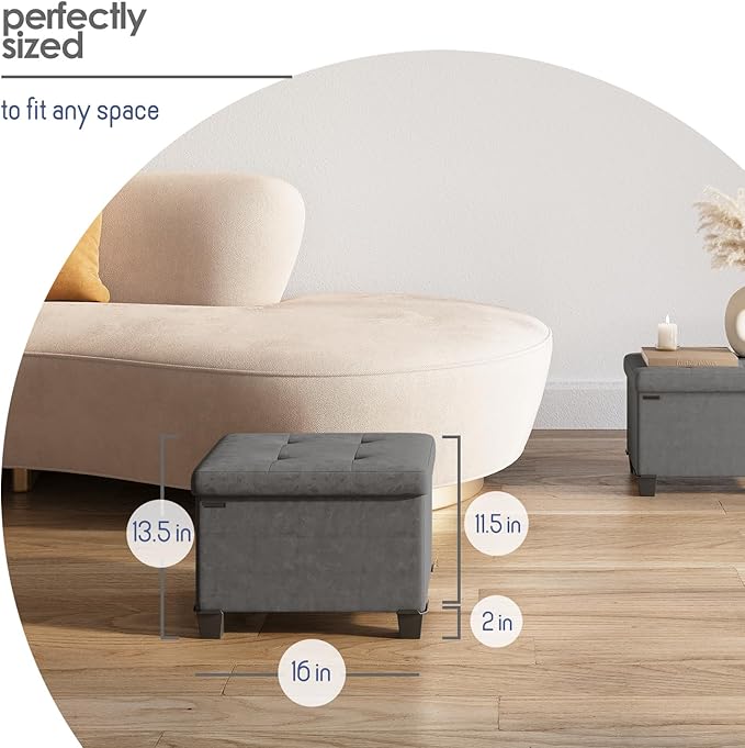 Storage Ottoman Cube with Small Bin, 16-in Square Ottoman with Storage for Living Room and Bedroom, Small Ottomans Foot Rest, Velvet Foot Stools Ottomans Max 330lbs, Grey
