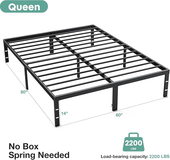 Sweetcrispy Queen Bed Frame - Heavy Duty Metal Platform Bed Frames Queen Size with Storage Space Under Frame, No Box Spring Needed, 14 Inches, Sturdy Steel Slat Support
