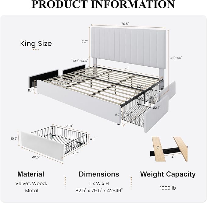 SHA CERLIN King Size Platform Bed Frame with 4 Storage Drawers, Vertical Channel Tufted Adjustable Headboard, Velvet Upholstered, Wooden Slats Support, No Box Spring Needed, Easy Assembly, White