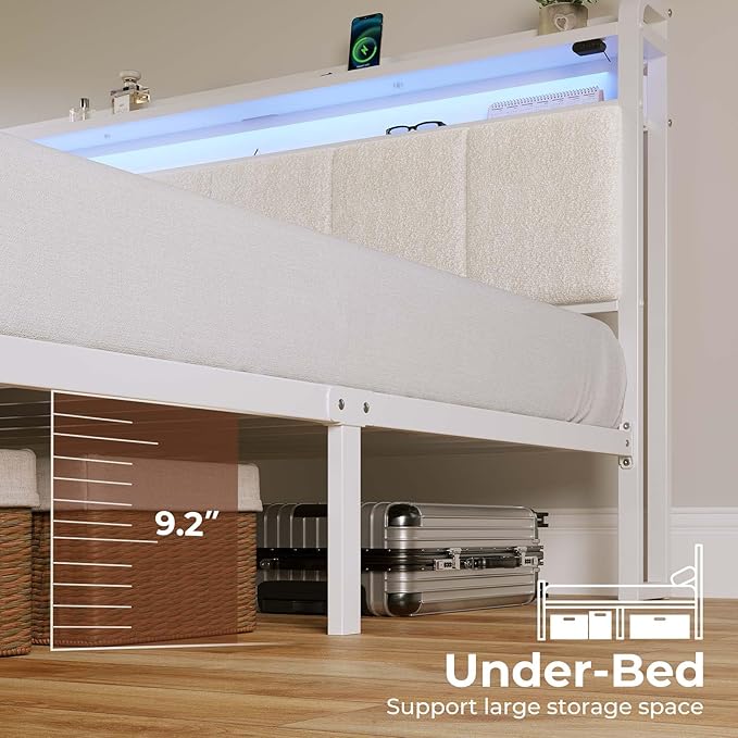Rolanstar Bed Frame Full Size with Charging Station and LED Lights, Upholstered Headboard with Storage Shelves, Heavy Duty Metal Slats, No Box Spring Need, Noise Free, Easy Assembly, White