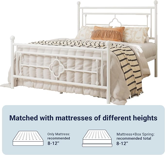 Allewie Queen Size Metal Platform Bed Frame with Victorian Vintage Headboard and Footboard/Mattress Foundation/Under Bed Storage/No Box Spring Needed/Noise-Free/Easy Assembly, White