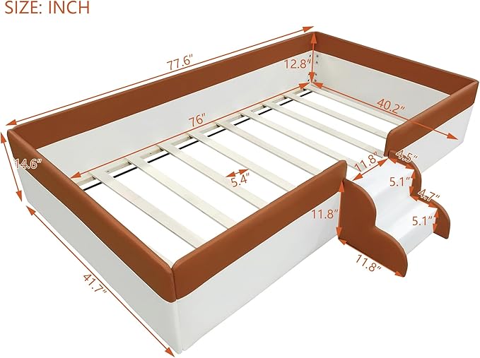 Merax Twin Size Kids Floor Bed, Upholstered Kids Daybed Frame with Fence and Stairs, Wood Bed for Living Room, White+Brown
