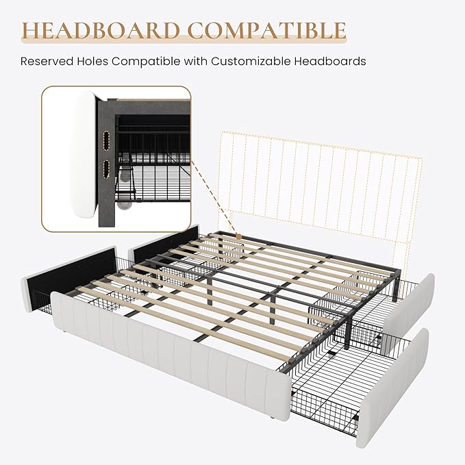 SHA CERLIN King Size Velvet Upholstered Platform Bed Frame with 4 Storage Drawers, Vertical Channel Tufted, Low Profile, Fits Standard Headboards, Wooden Slats Support, Easy Assembly, White