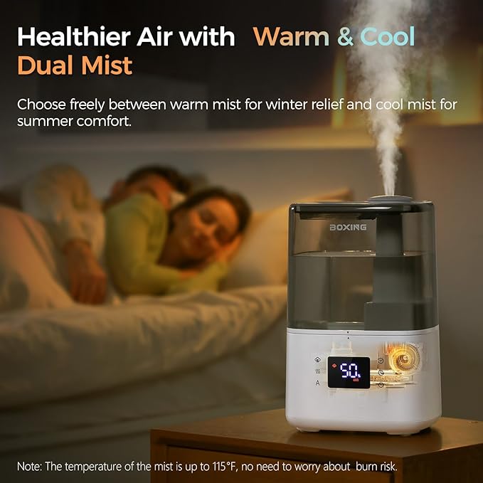 BOXING 4.5L Warm and Cool Mist Ultrasonic Humidifier for Bedroom Large Room, Top Fill Essential Oil Diffuser with Remote, Auto Shut-Off Quiet Sleep Mode, Humidistat, Timer, BPA-Free, 45H Runtime