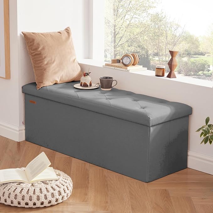 HAUSFRAU Storage Ottoman Bench with Flipping Lid, 43.3 Inches Storage Chest Footsrest, Folding Foot Stool for Entryway, Living Room, Bedroom, Linen Grey