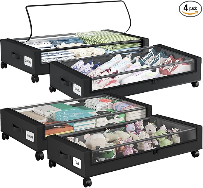 Somdot Under Bed Storage with Wheels, 4 Pack Bed Storage Containers with Dividers & Clear Lids, Easy Pull-out Metal Drawer for Clothes, Shoes,Toys, Blankets (Black)