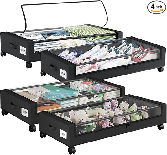 Somdot Under Bed Storage with Wheels, 4 Pack Bed Storage Containers with Dividers & Clear Lids, Easy Pull-out Metal Drawer for Clothes, Shoes,Toys, Blankets (Black)