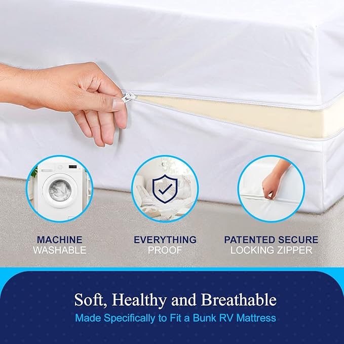 RV 6 Sided Zippered Mattress Protector with Secure Locking Zipper for 32x80 RV Mattress. Creates a Natural Seal Around Your Mattress from Dust, Pet Dander, Pollen, Liquids & More. Oeko-Tex Certified