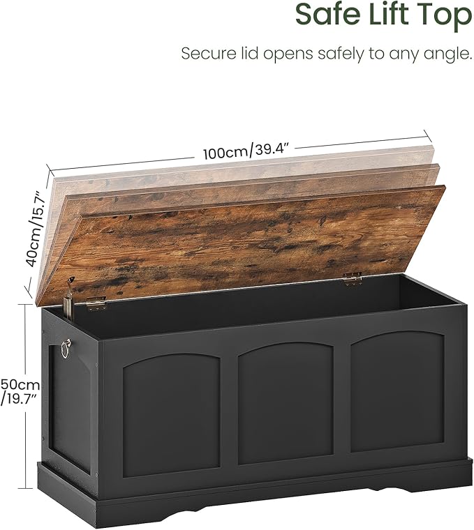 CHOEZON 39.4" Storage Chest Bench with Lift Lid, Toy Chest with Safety Hinge, Entryway Shoe Bench, Wooden Storage Trunk, Holds up to 220 lb, for Living Room, Bedroom, Black and Rustic Brown MCW12BF